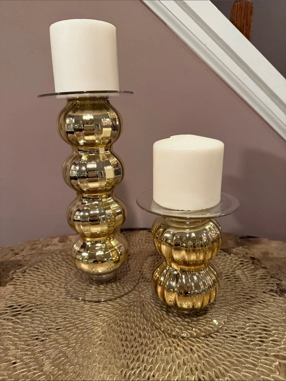 Gold Glass Bubble Candlestick Holders, Set of 2
